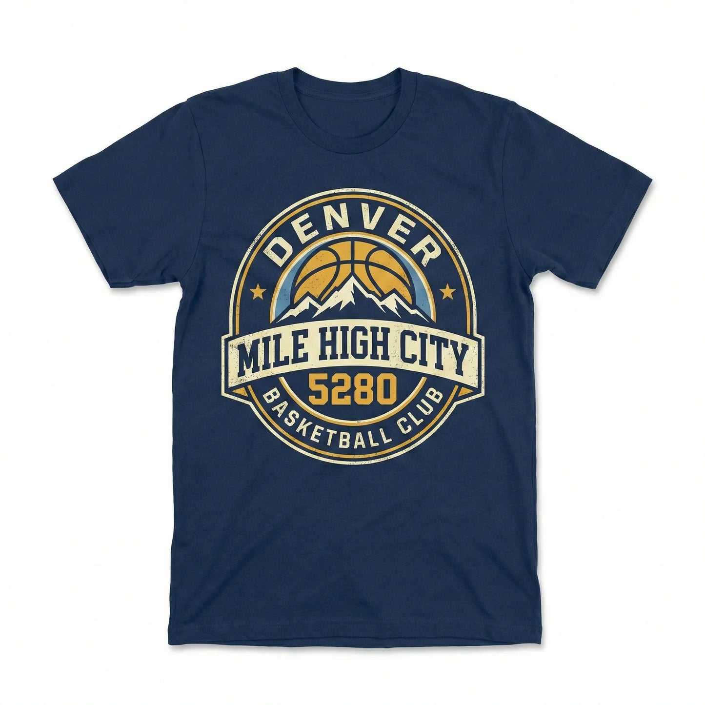 Navy blue t-shirt with Denver Mile High City basketball design and mountain graphic.