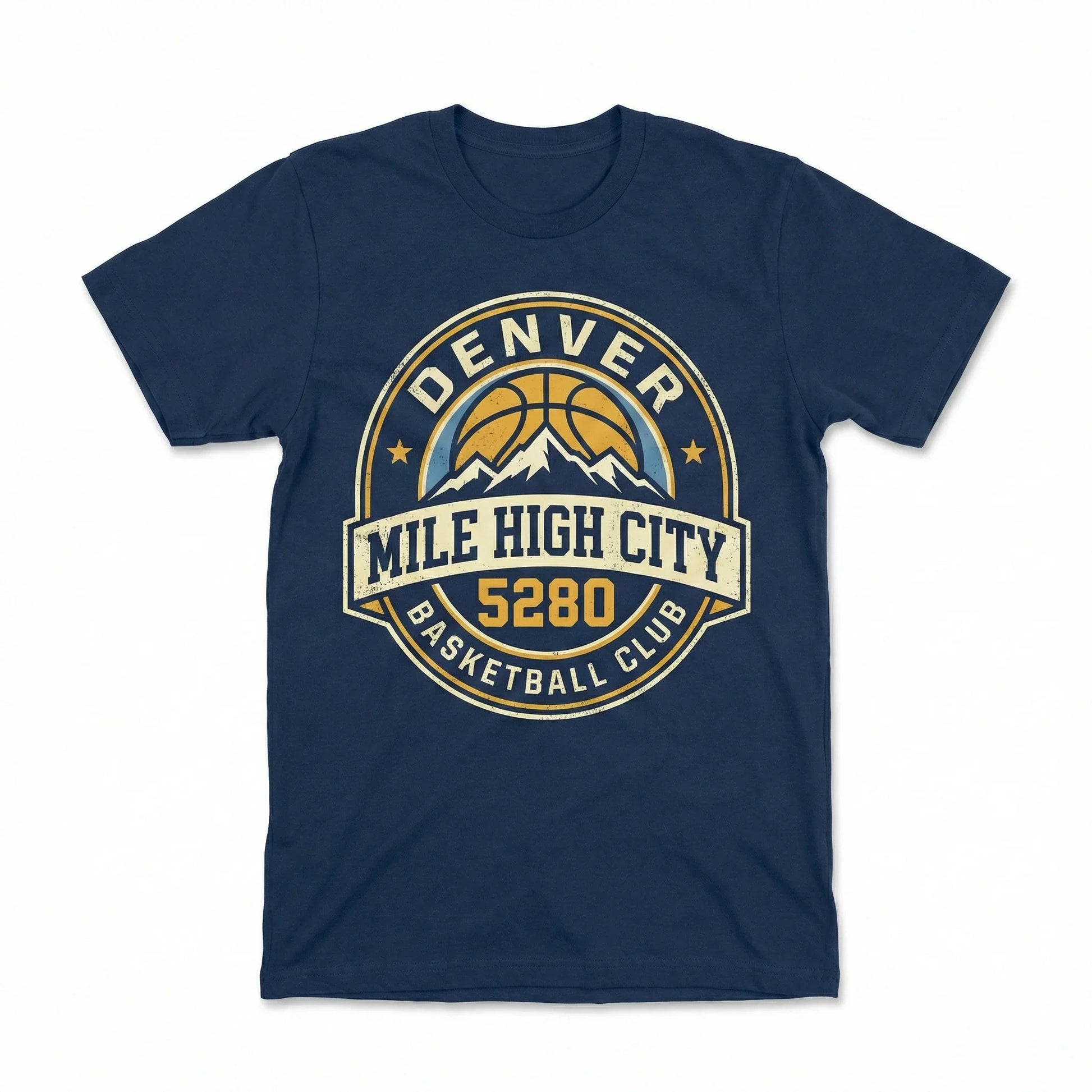 Navy blue t-shirt with Denver Mile High City basketball design and mountain graphic.