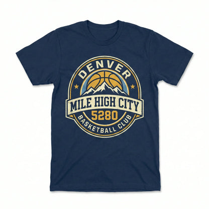 Navy blue t-shirt with Denver Mile High City basketball design and mountain graphic.