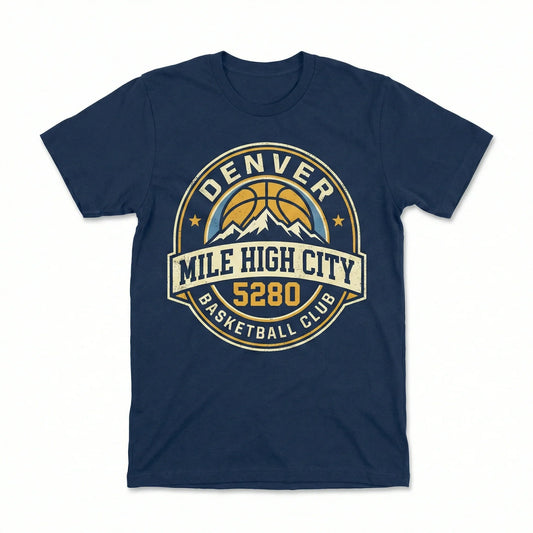 Navy blue t-shirt with Denver Mile High City basketball design and mountain graphic.