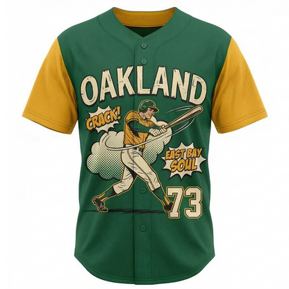 Vintage East Bay Green & Gold Baseball Jersey - Unisex Retro Comic Art Button-Up Shirt