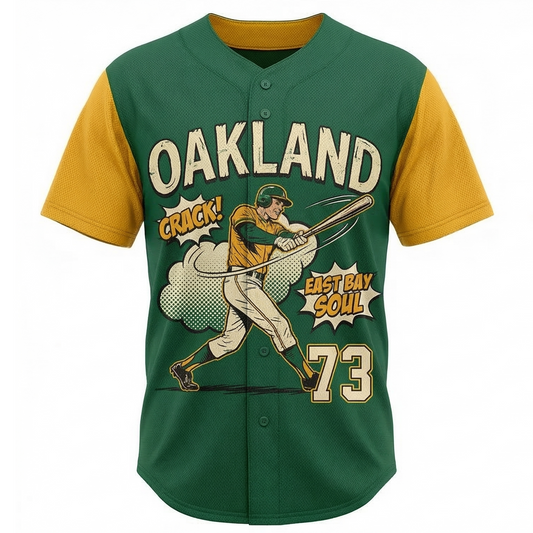 Vintage East Bay Green & Gold Baseball Jersey - Unisex Retro Comic Art Button-Up Shirt