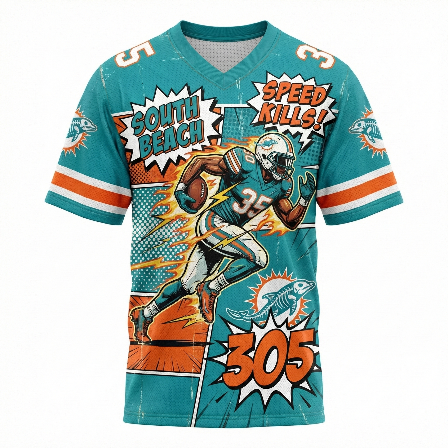 South Beach Gridiron Speedster Comic Edition AOP Football Jersey | 305 Aqua & Orange Hyper-Offense