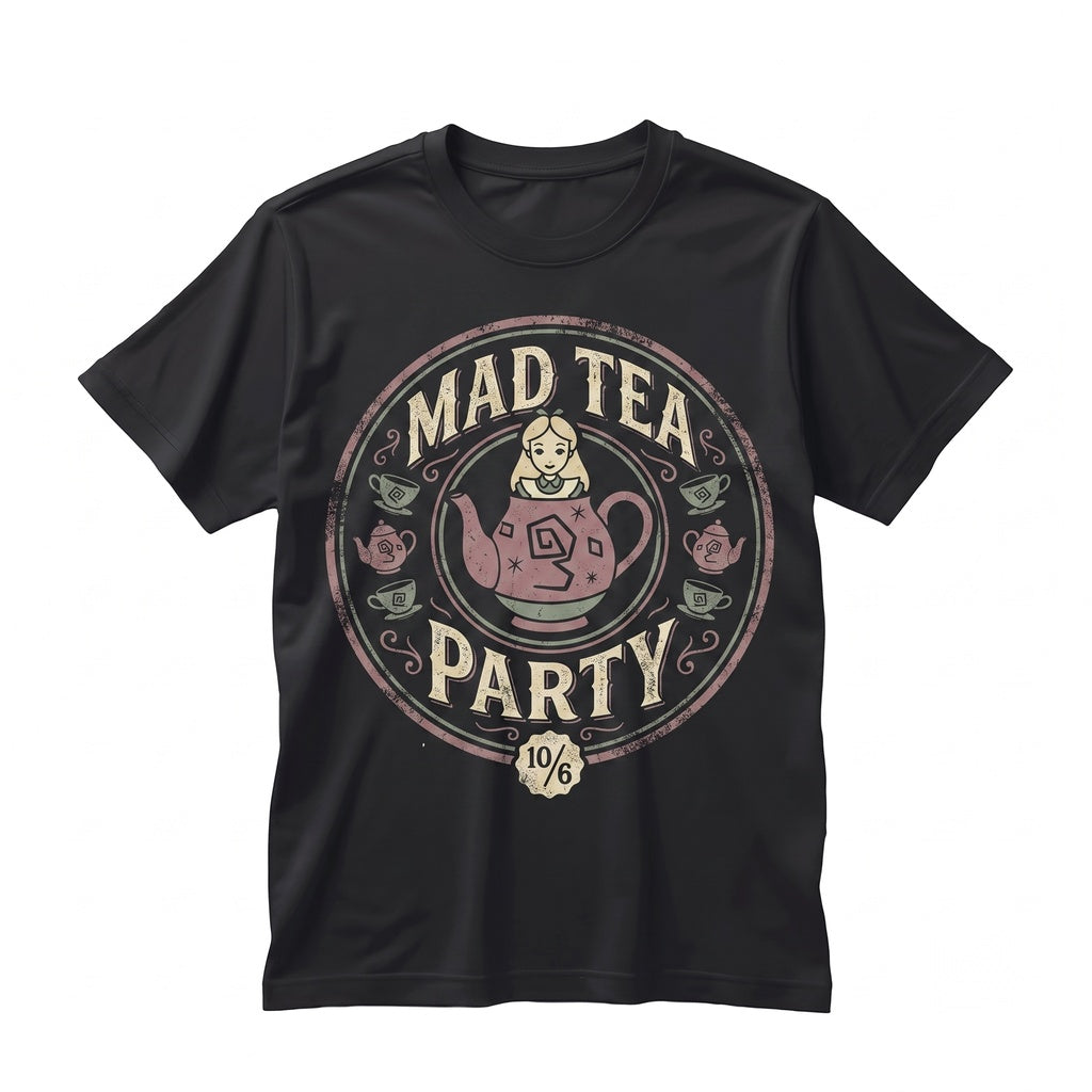 Retro Mad Tea Party Graphic Wonderland Cheshire Cat White Rabbit Hatter Drinking Cup Family Vacation Unisex TShirt