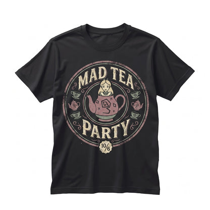 Retro Mad Tea Party Graphic Wonderland Cheshire Cat White Rabbit Hatter Drinking Cup Family Vacation Unisex TShirt
