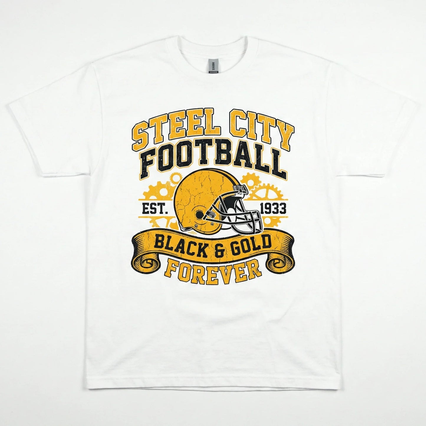White t-shirt with yellow and black football helmet graphic and 'Steel City Football Black & Gold Forever' text.