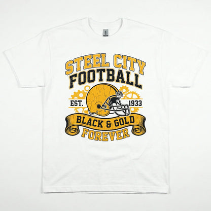 White t-shirt with yellow and black football helmet graphic and 'Steel City Football Black & Gold Forever' text.