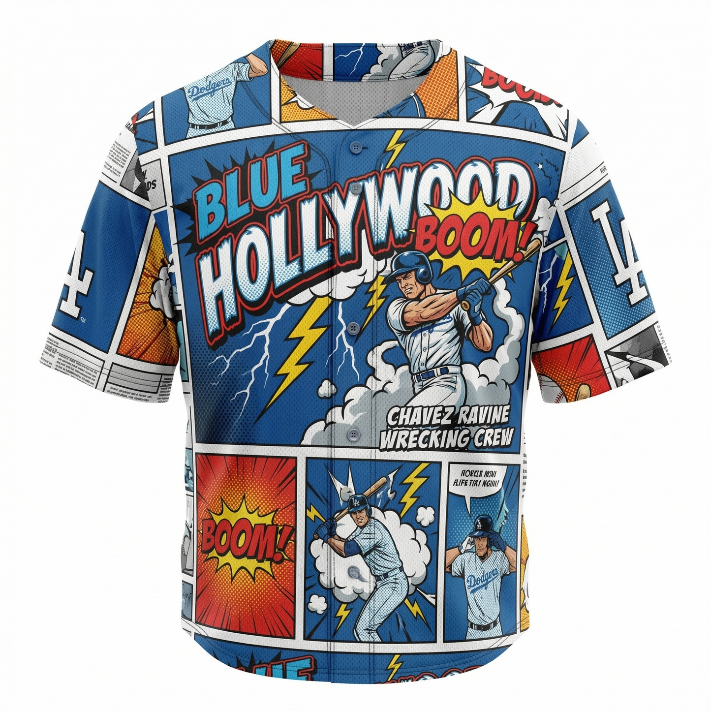 Los Angeles Blue Baseball Jersey - Chavez Ravine Comic Style Graphic Button-Up Shirt - 90s Bootleg Satirical Fan Apparel