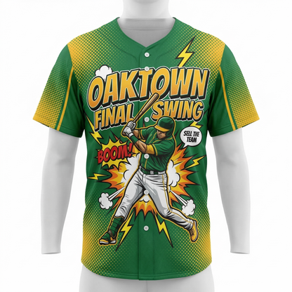 Unisex Oaktown Green & Gold Comic Style Baseball Jersey - Final Swing Edition AOP Button Down Shirt