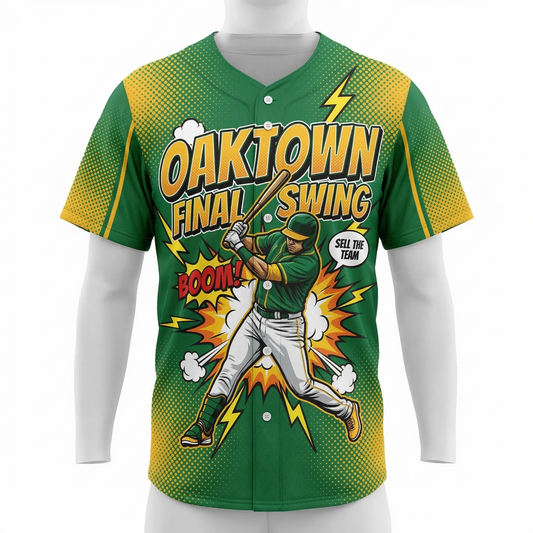 Unisex Oaktown Green & Gold Comic Style Baseball Jersey - Final Swing Edition AOP Button Down Shirt
