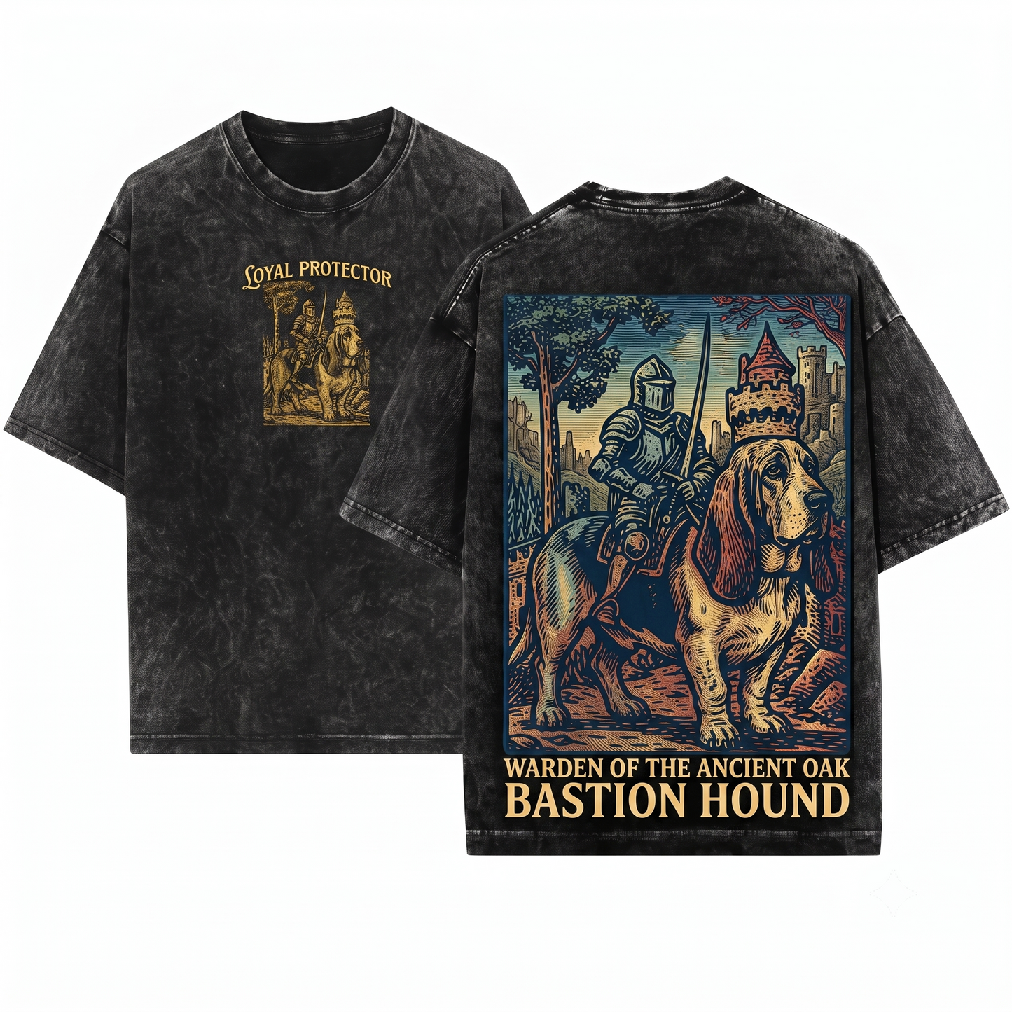 Retro 90s Medieval Basset Hound Knight Graphic Tee Vintage Dark Art Grimdark Funny Dog Meme Unisex Heavyweight Garment-Dyed T-Shirt