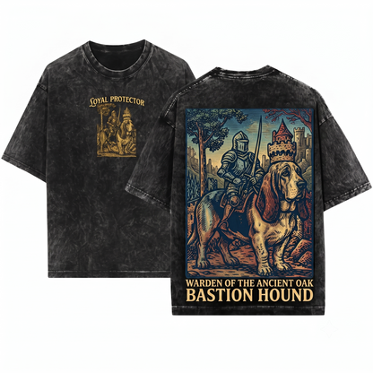 Retro 90s Medieval Basset Hound Knight Graphic Tee Vintage Dark Art Grimdark Funny Dog Meme Unisex Heavyweight Garment-Dyed T-Shirt