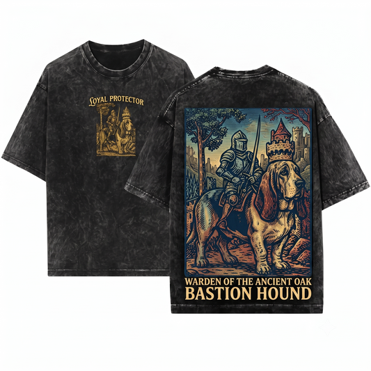 Retro 90s Medieval Basset Hound Knight Graphic Tee Vintage Dark Art Grimdark Funny Dog Meme Unisex Heavyweight Garment-Dyed T-Shirt