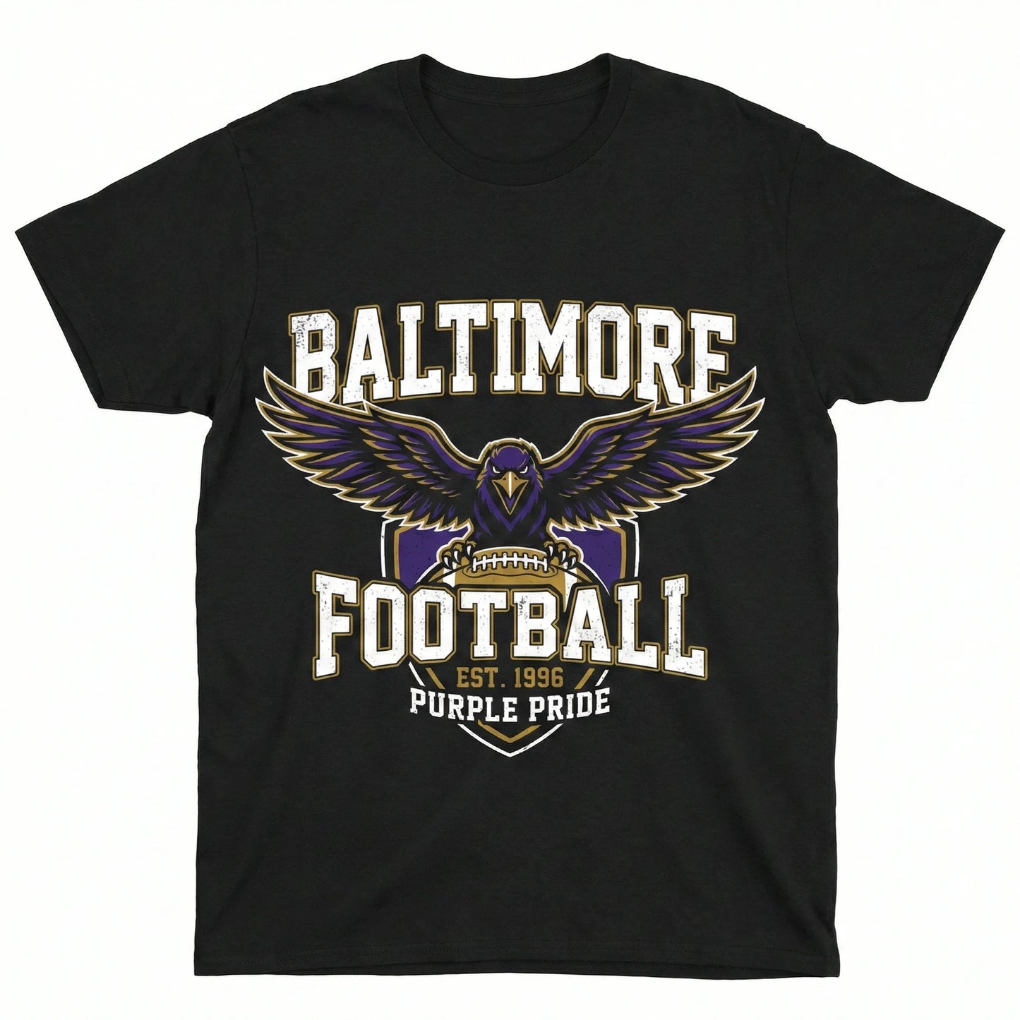 Black t-shirt with Baltimore football graphic, featuring a purple raven holding a football and text: 'Baltimore Football, Est. 1996, Purple Pride'.