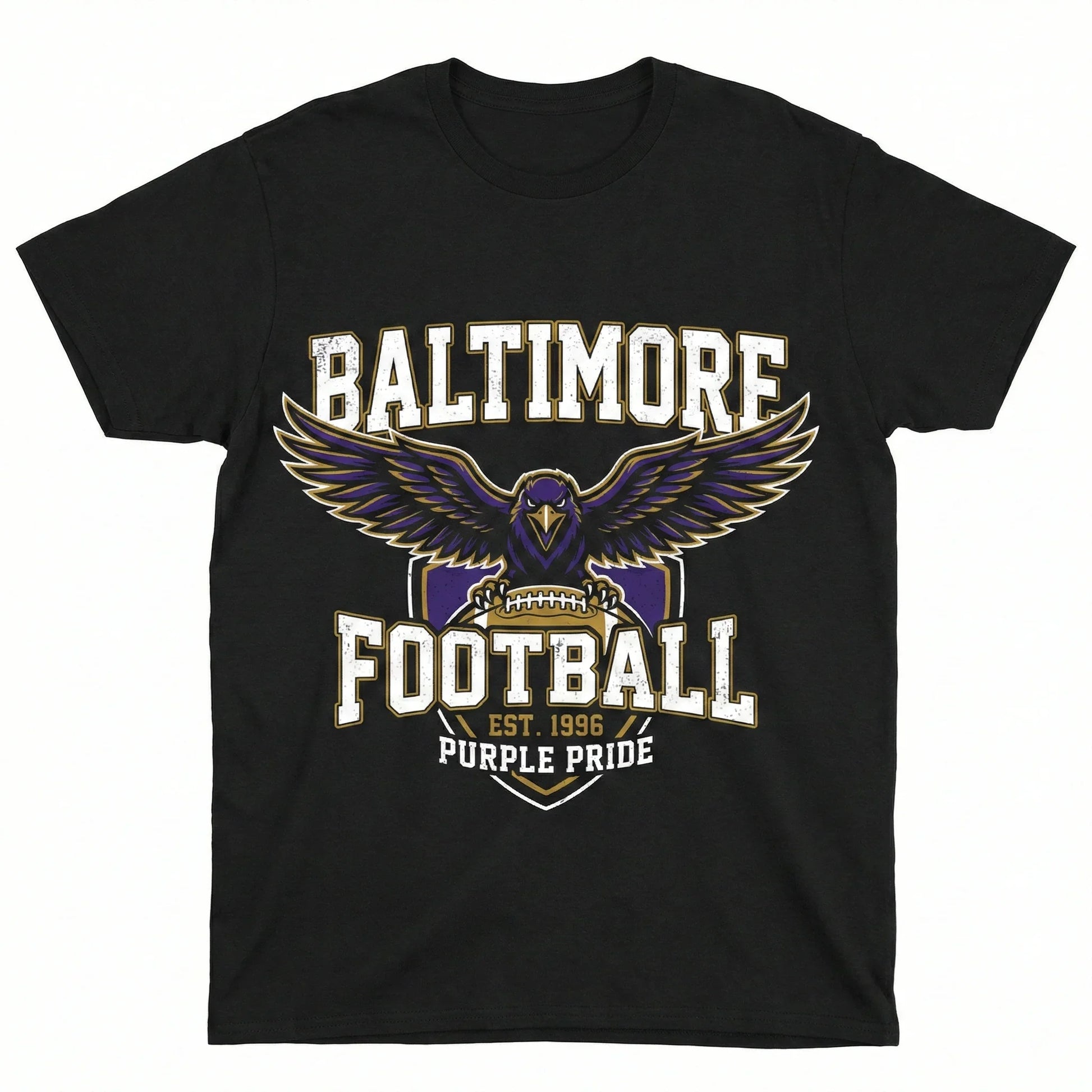 Black t-shirt with Baltimore football graphic, featuring a purple raven holding a football and text: 'Baltimore Football, Est. 1996, Purple Pride'.