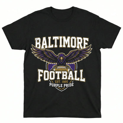Black t-shirt with Baltimore football graphic, featuring a purple raven holding a football and text: 'Baltimore Football, Est. 1996, Purple Pride'.