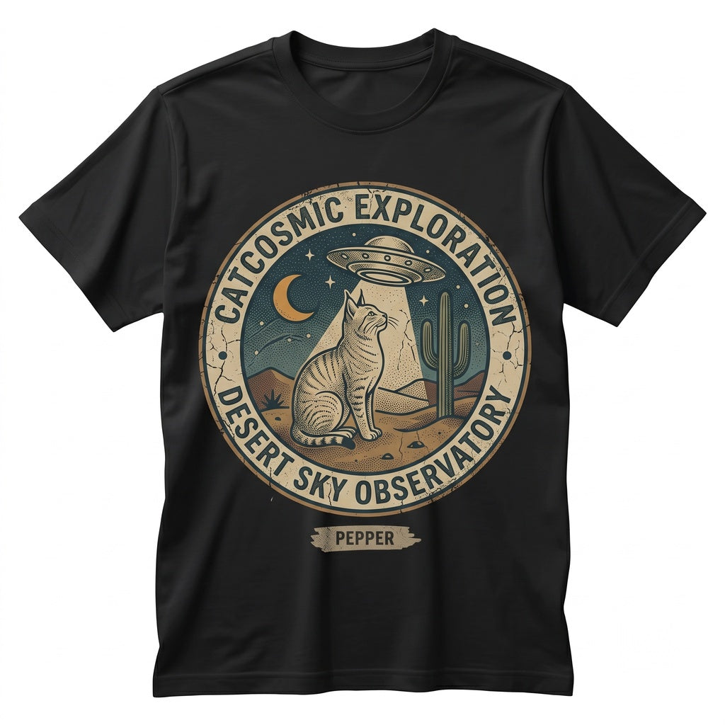 Vintage UFO Cat Alien Abduction Retro Desert Cactus Sunset Western Graphic Gift for Lovers Men Women Unisex TShirt