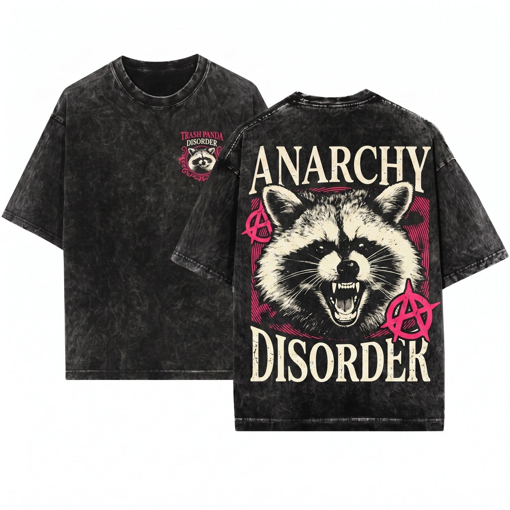 Vintage Anarchy Raccoon Pink Graphic Casual Apparel Unisex Wash T-Shirt