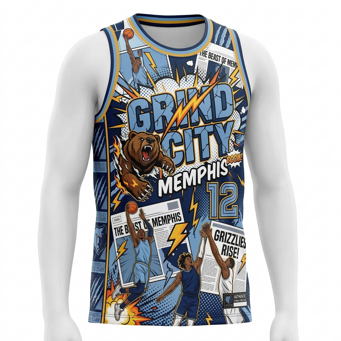 Unisex Memphis Grind City Comic Art Basketball Jersey - Blue & Gold Retro Hoops Tank Top