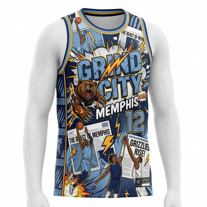Unisex Memphis Grind City Comic Art Basketball Jersey - Blue & Gold Retro Hoops Tank Top