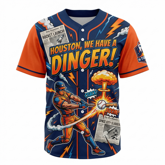 Unisex H-Town Space City Comic Style Baseball Jersey - "We Have A Dinger" Satirical AOP Button-Up Shirt