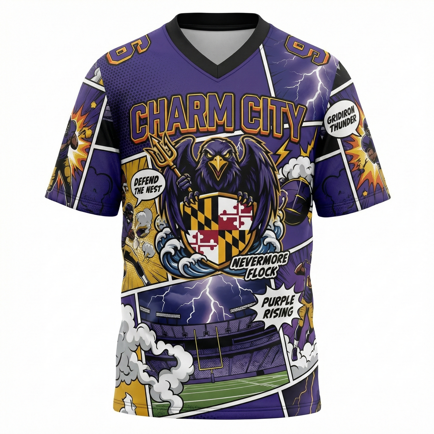 Charm City Football Jersey Men's AOP Maryland Flag Purple Black 90s Comic Art Graphic Streetwear
