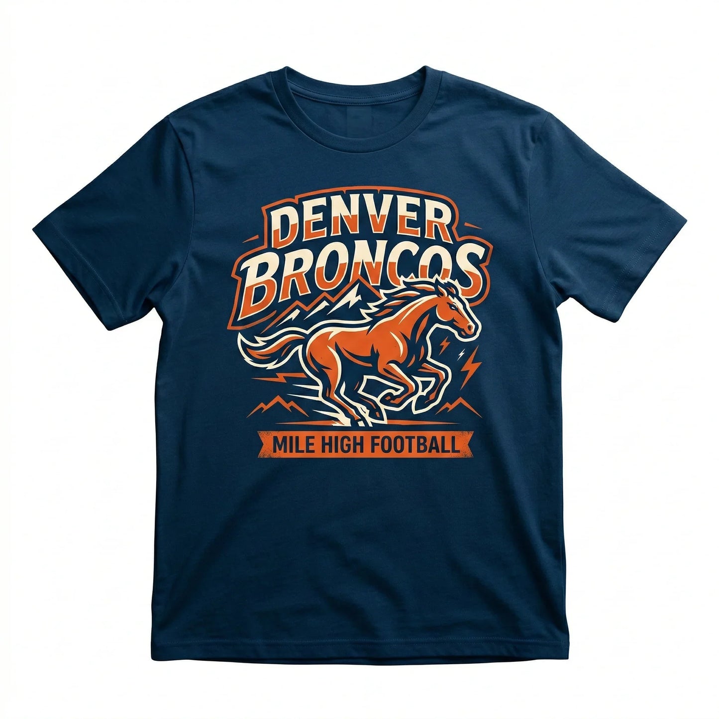 Navy blue t-shirt with Denver Broncos football logo featuring an orange horse and mountains