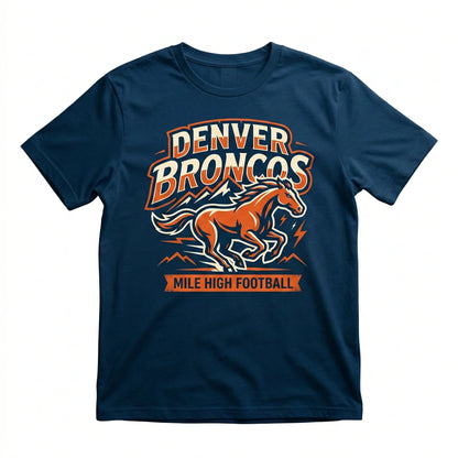 Navy blue t-shirt with Denver Broncos football logo featuring an orange horse and mountains