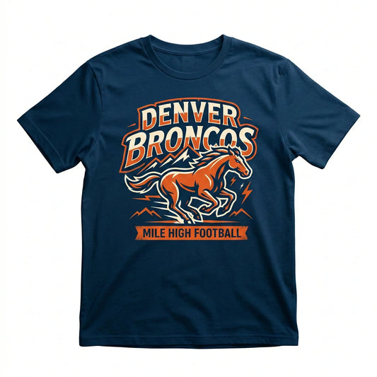 Navy blue t-shirt with Denver Broncos football logo featuring an orange horse and mountains