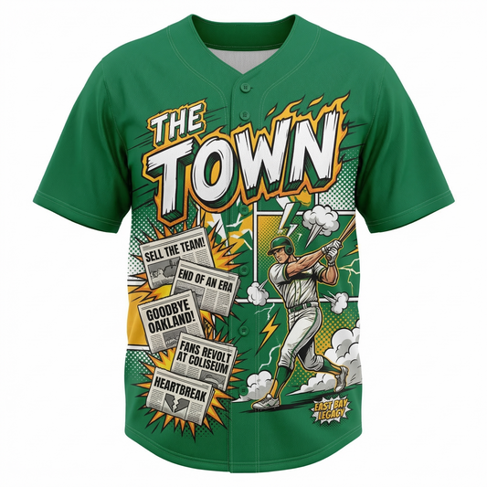 Unisex Oakland Baseball "The Town" Comic Art Button-Up Jersey AOP - End of an Era Green & Gold Fan Apparel