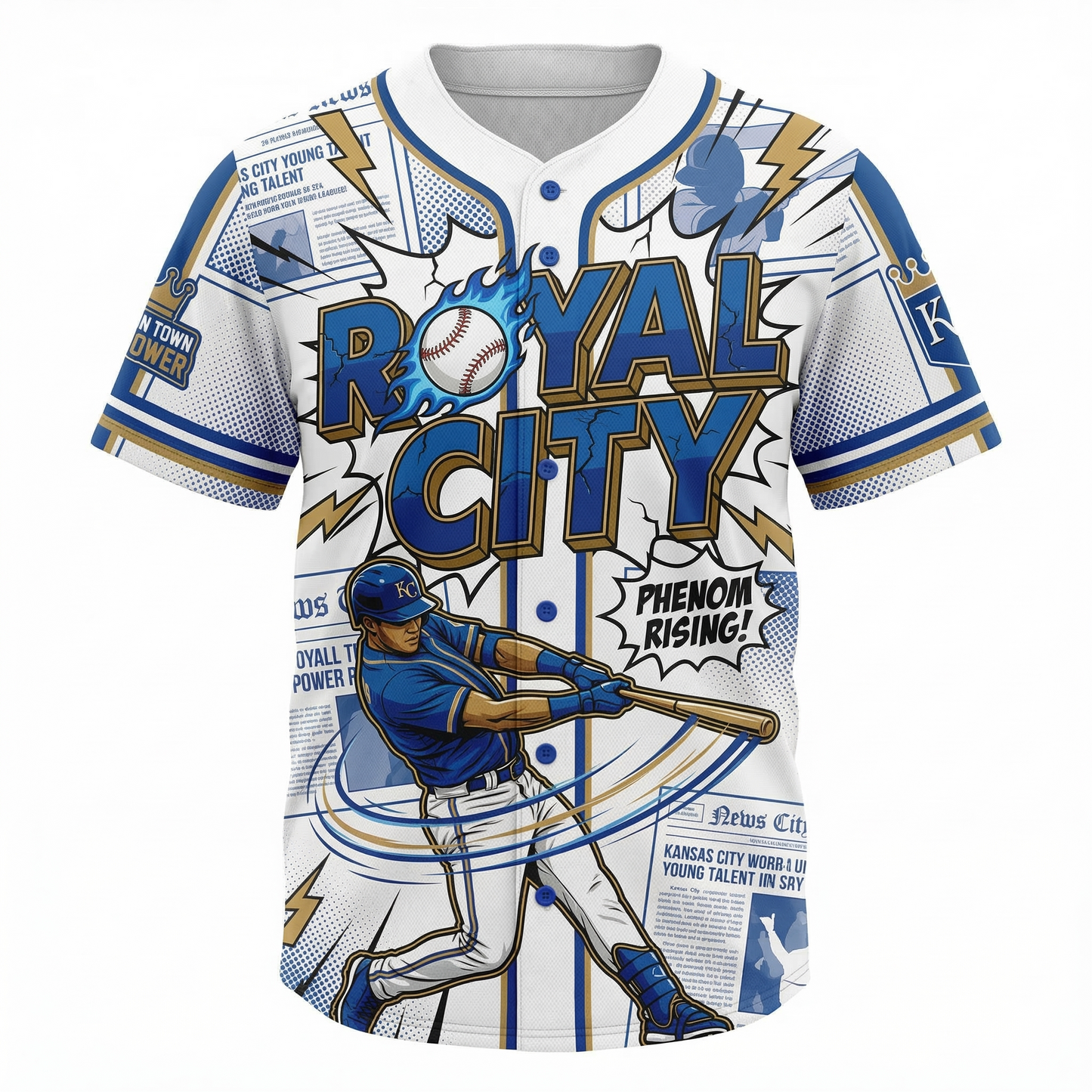 Unisex KC Royal City Baseball Button-Up Jersey - 90s Bootleg Comic Art Action Graphic Shirt