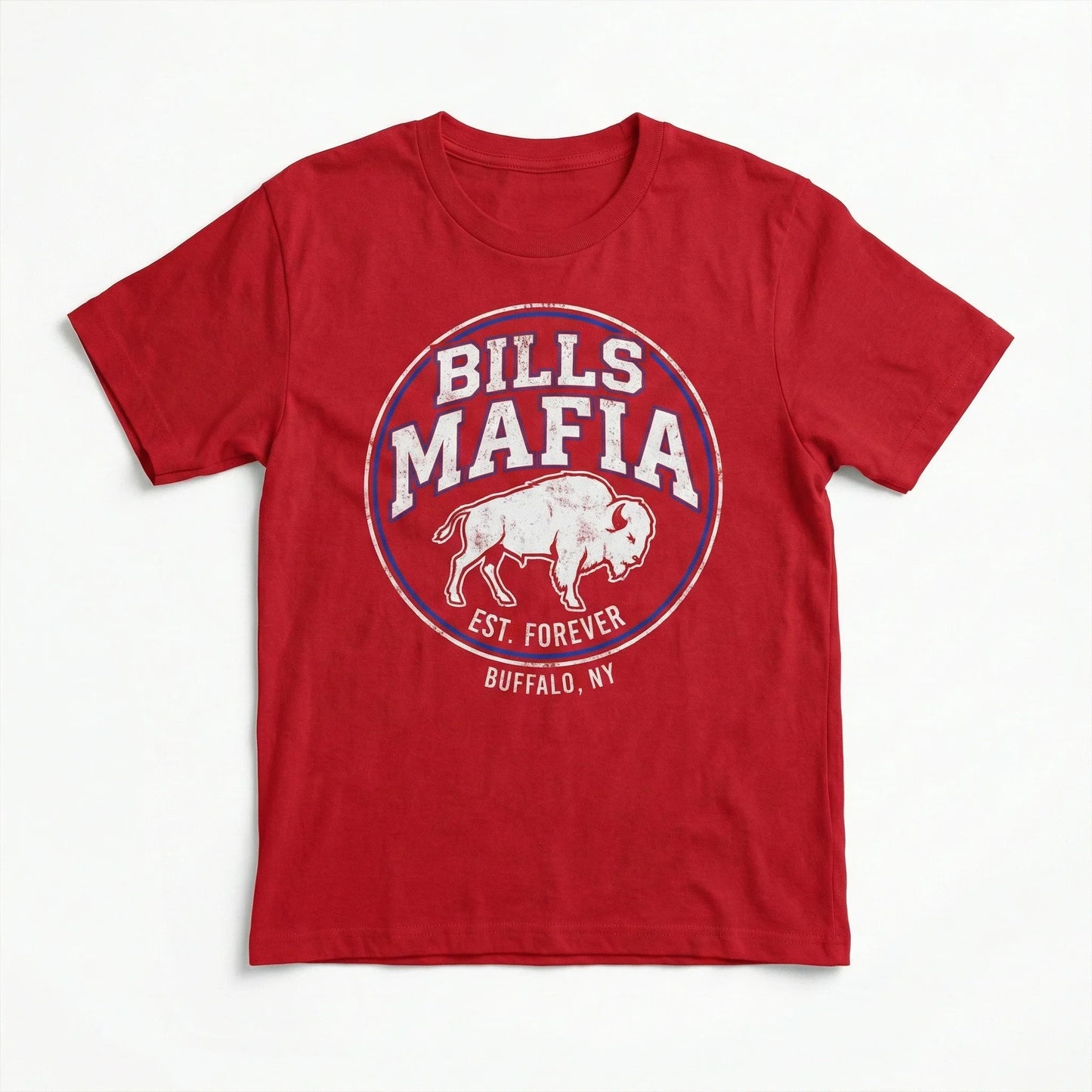 Red t-shirt with 'Bills Mafia' Buffalo NY and bison graphic, laid flat on white background.