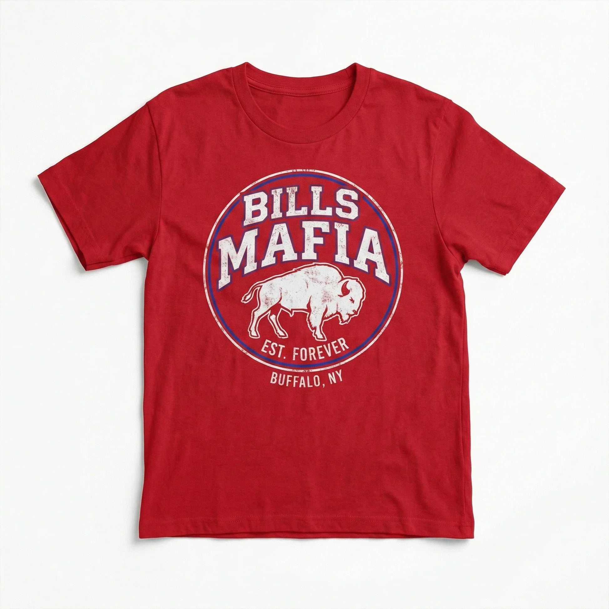 Red t-shirt with 'Bills Mafia' Buffalo NY and bison graphic, laid flat on white background.