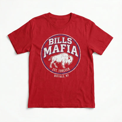 Red t-shirt with 'Bills Mafia' Buffalo NY and bison graphic, laid flat on white background.