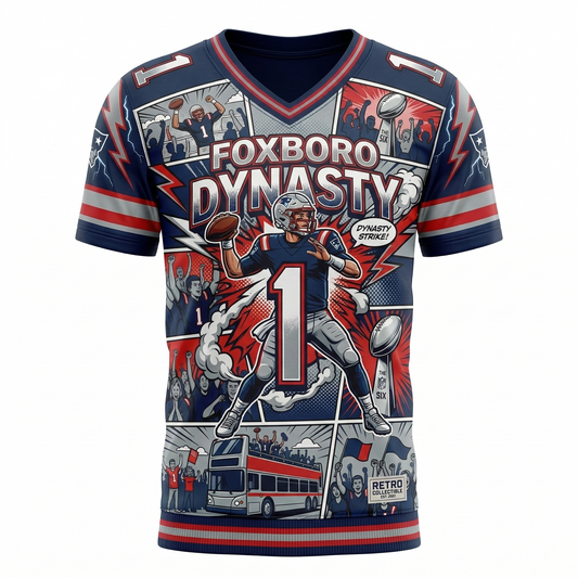 Unisex New England Dynasty Gridiron Jersey - Foxboro Football Comic Art Graphic Shirt - Retro 90s Bootleg All-Over Print