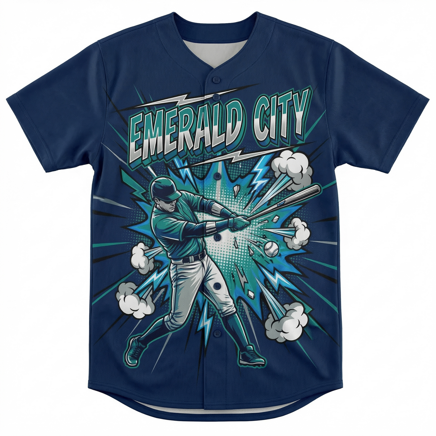 Unisex Emerald City Baseball Jersey AOP - Retro 90s Comic Style Graphic Button-Up Shirt - PNW Hitter Heritage