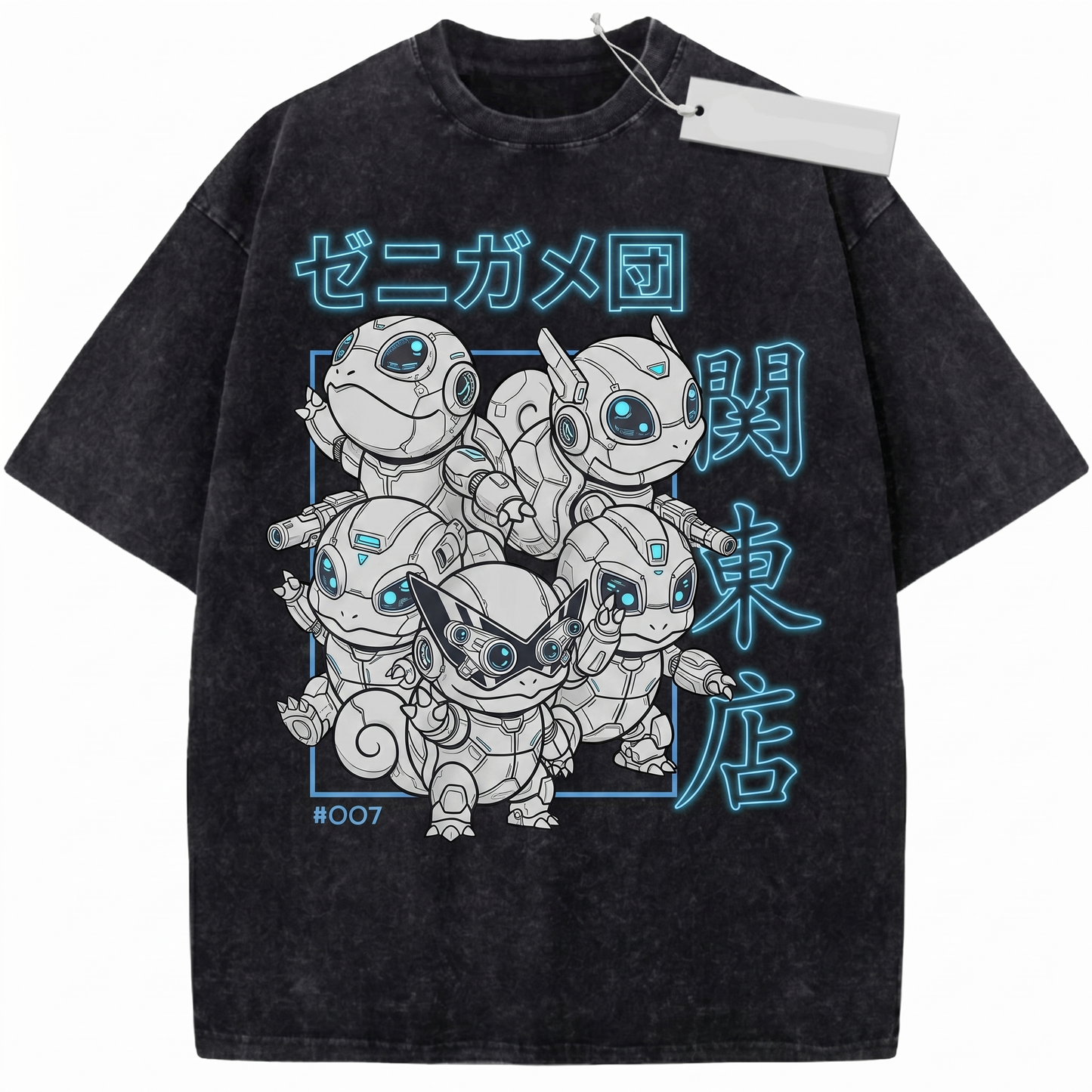 Retro Anime Water Turtle Squad Vintage Wash Graphic Tee - Japanese Streetwear Oversized Graphic Unisex T-shirt