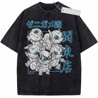 Retro Anime Water Turtle Squad Vintage Wash Graphic Tee - Japanese Streetwear Oversized Graphic Unisex T-shirt