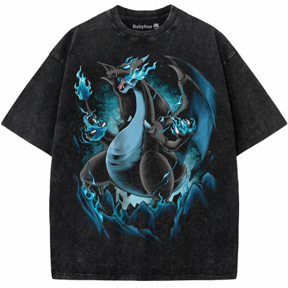 Blue Flame Dragon Monster Vintage Graphic Tee - Retro Anime Graphic Unisex T-Shirt
