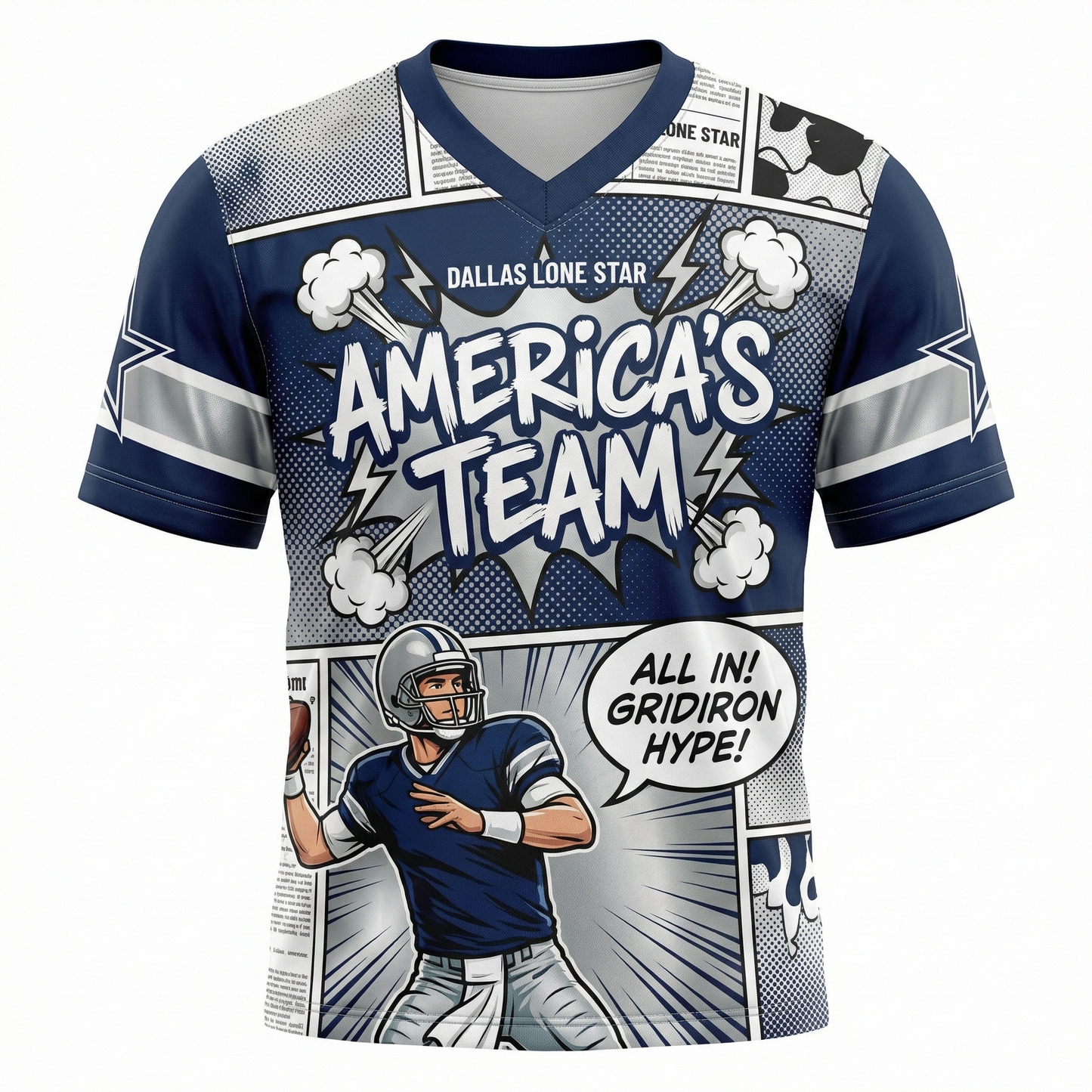 Unisex Dallas Lone Star Football Comic Style AOP Jersey - Texas Gridiron Hype Bootleg Shirt