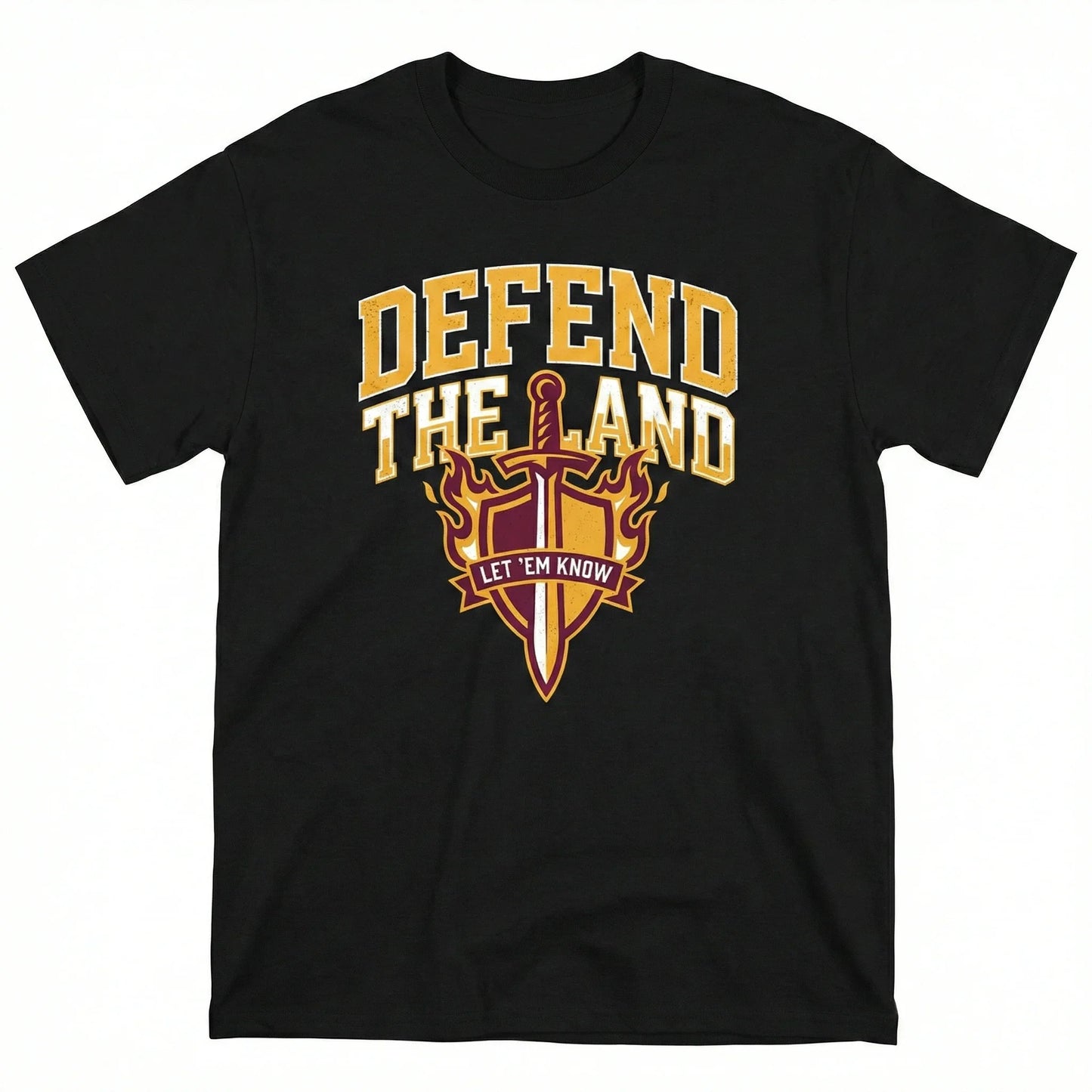 Black graphic t-shirt with 'Defend the Land' text, sword and shield design, camping theme
