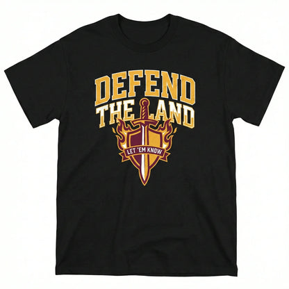 Black graphic t-shirt with 'Defend the Land' text, sword and shield design, camping theme