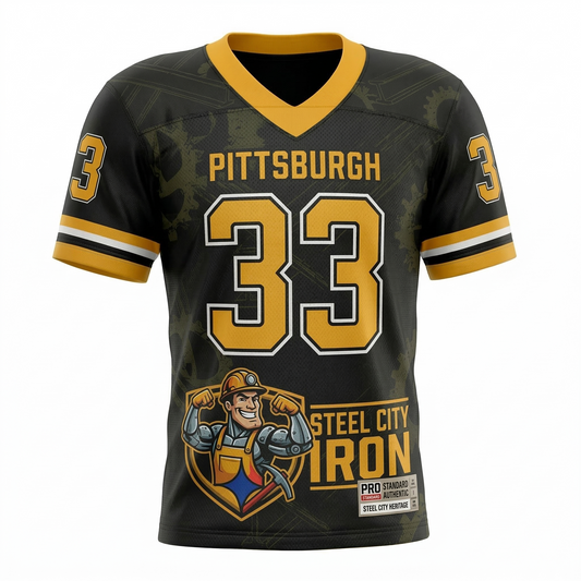 Premium Steel City Heritage Football Jersey - Black & Gold Vintage Gridiron AOP Uniform - Unisex