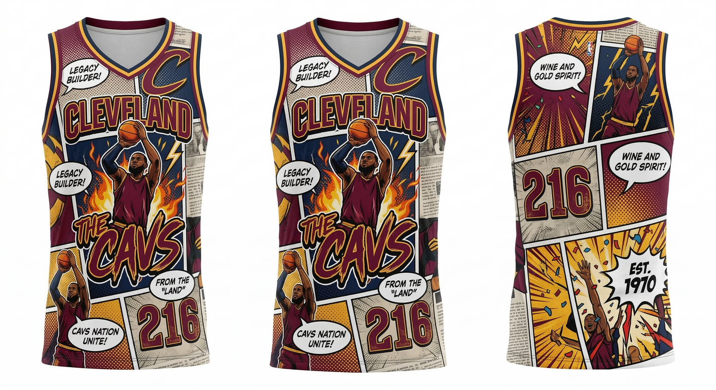Unisex Cleveland 216 Basketball Jersey - Retro Comic Book Graphic Tank Top - Wine & Gold All-Over Print