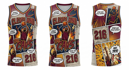 Unisex Cleveland 216 Basketball Jersey - Retro Comic Book Graphic Tank Top - Wine & Gold All-Over Print