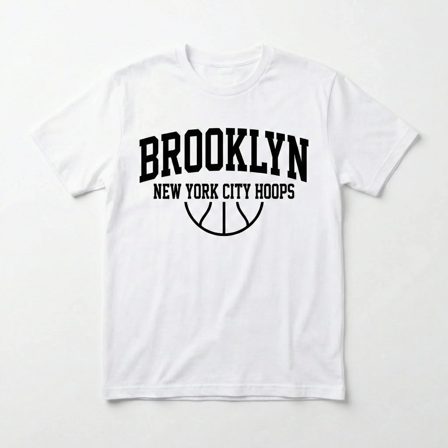 White t-shirt with bold black 'Brooklyn New York City Hoops' basketball graphic.