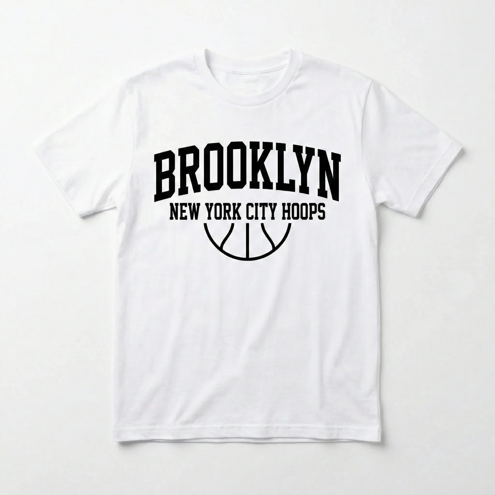 White t-shirt with bold black 'Brooklyn New York City Hoops' basketball graphic.