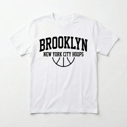 White t-shirt with bold black 'Brooklyn New York City Hoops' basketball graphic.