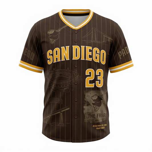 San Diego Baseball Retro Heritage Jersey - Classic Brown & Gold All-Over Print Friar Fan Shirt - Men's/Women's Sports Apparel