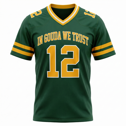 Men's Titletown Green and Gold Football Jersey - "In Gouda We Trust" Pro-Style AOP